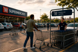 Cliente devolvendo carrinho de supermercado em área sinalizada no estacionamento, em frente a um supermercado.